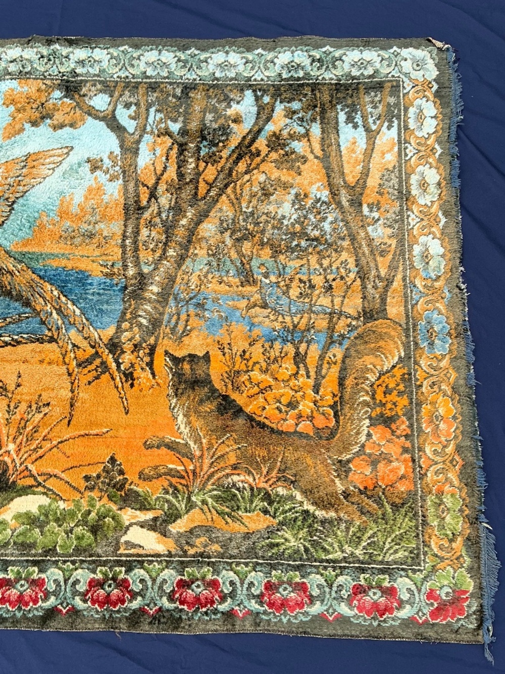 Oversized VTG 1960s Italian Wall Tapestry Pheasant Fox Woodland Rug 47”x70” - Picture 5 of 16